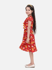 Girls Red Floral Polyester Crepe Dress with Ruffle