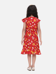 Girls Red Floral Polyester Crepe Dress with Ruffle