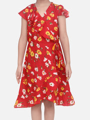 Girls Red Floral Polyester Crepe Dress with Ruffle