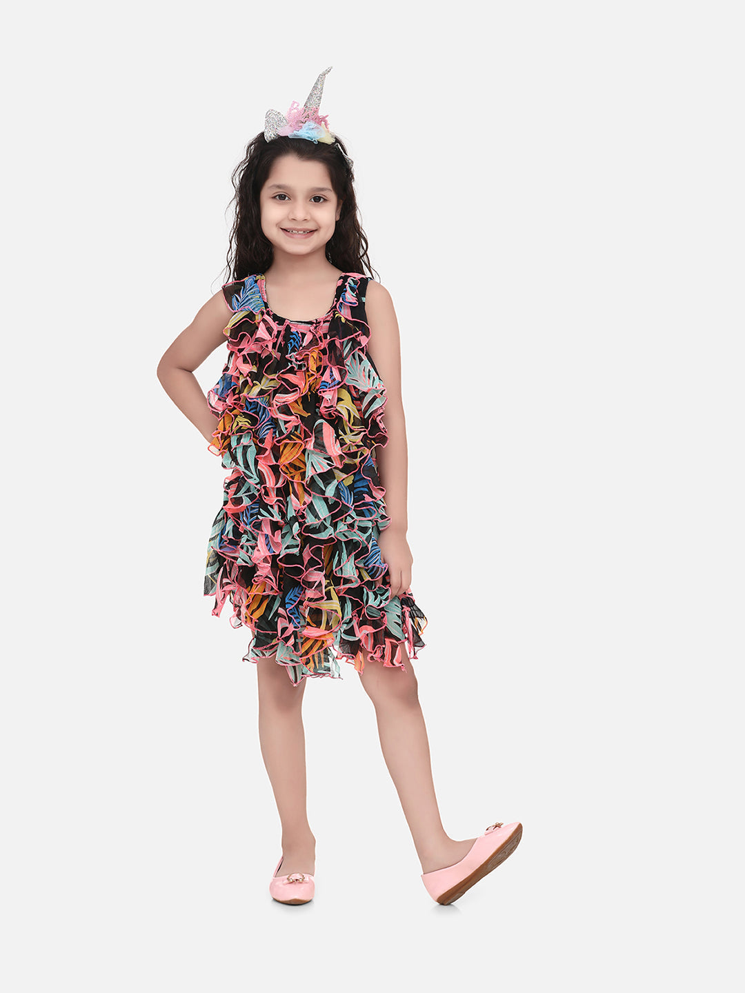 SyleStone Girls Black Chiffon Printed Ruffle Dress