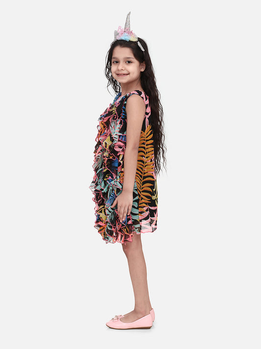 SyleStone Girls Black Chiffon Printed Ruffle Dress