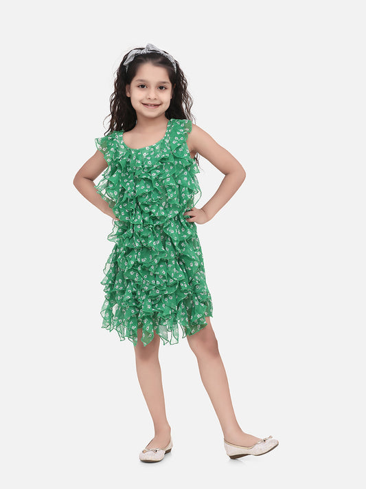 SyleStone Girls Green Chiffon Printed Ruffle Dress