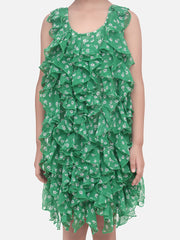 SyleStone Girls Green Chiffon Printed Ruffle Dress