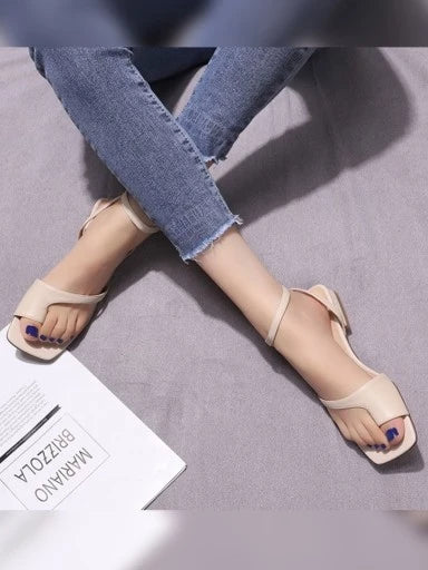 Solid One-Toe Cream Flat Sandals or Women & Girls