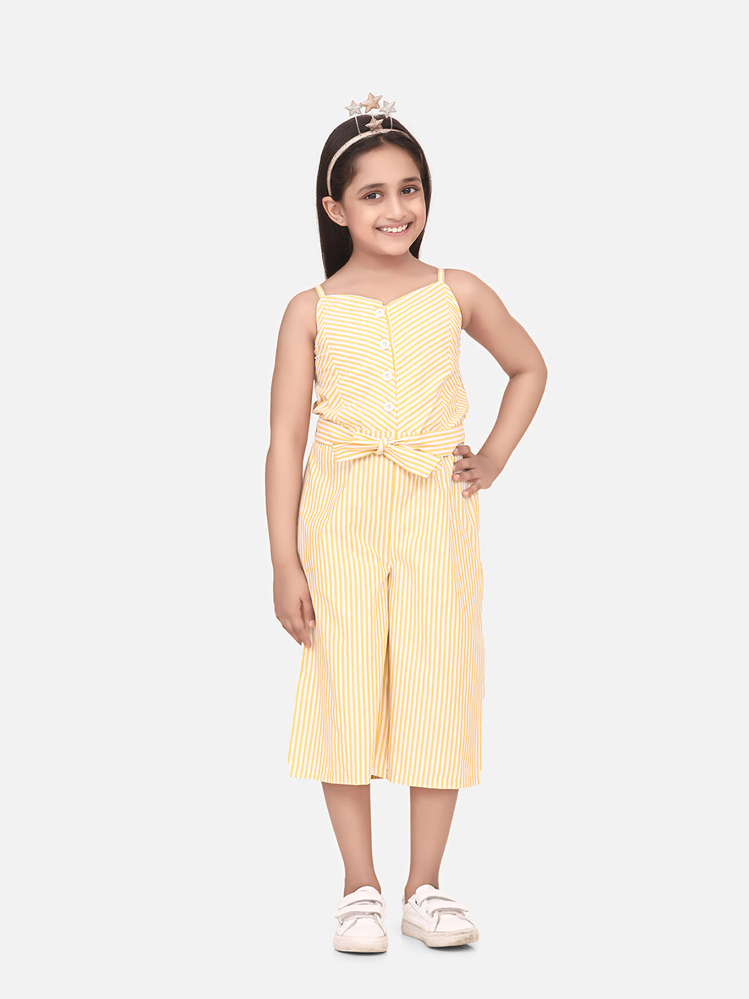 Girls Cotton Blend Yellow Stripe 3/4th Jumpsuit