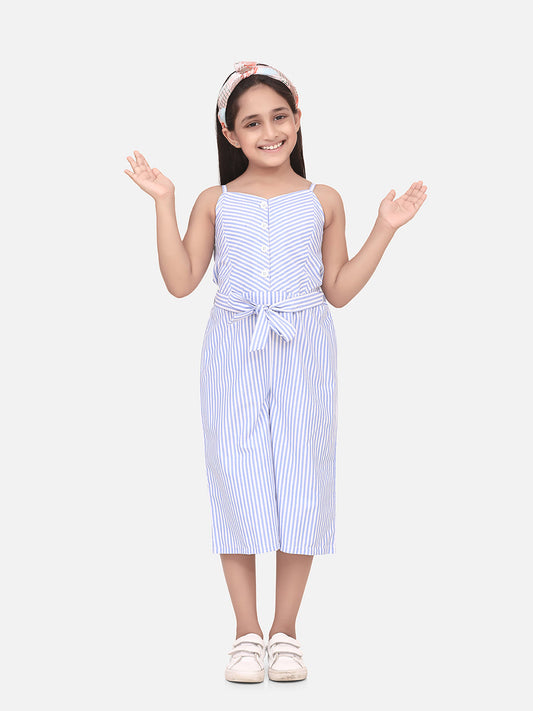 Girls Cotton Blend Blue Stripe 3/4th Jumpsuit