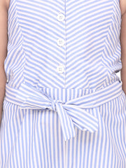 Girls Cotton Blend Blue Stripe 3/4th Jumpsuit