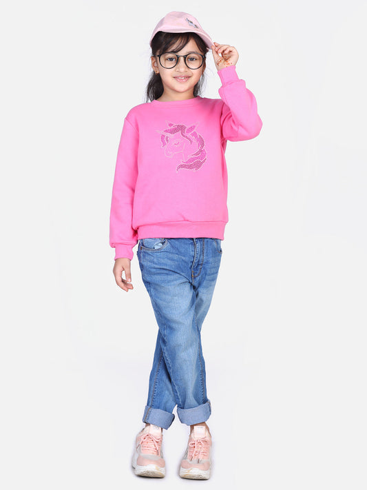 Girls Pink Crystal Unicorn embellished Winter sweatshirt