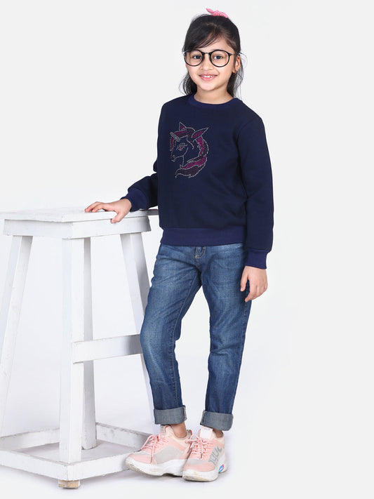 Girls Navy Crystal Unicorn embellished Winter sweatshirt