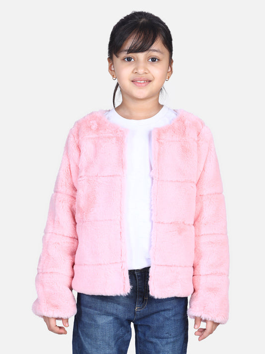 Girls Pink Faux Fur Open Jacket