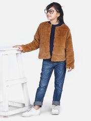 Girls Brown Faux Fur Open Jacket