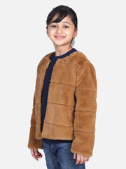 Girls Brown Faux Fur Open Jacket