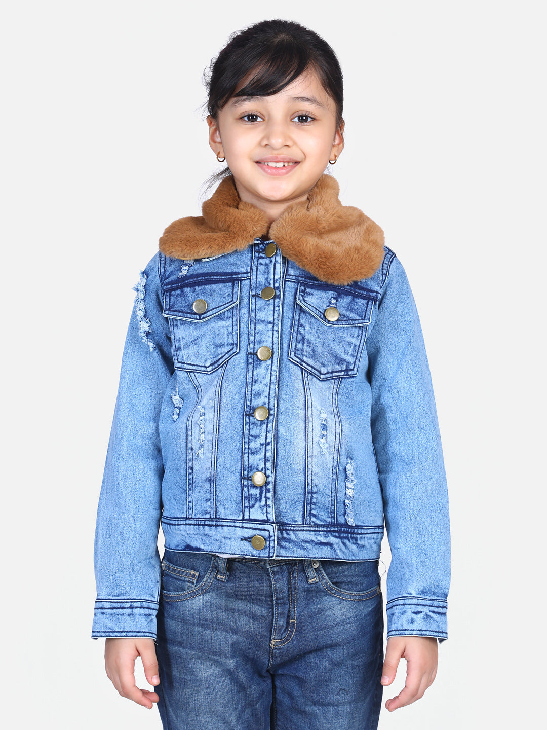 Girls Distressed Denim Jacket with Detachable Faux Fur Collar