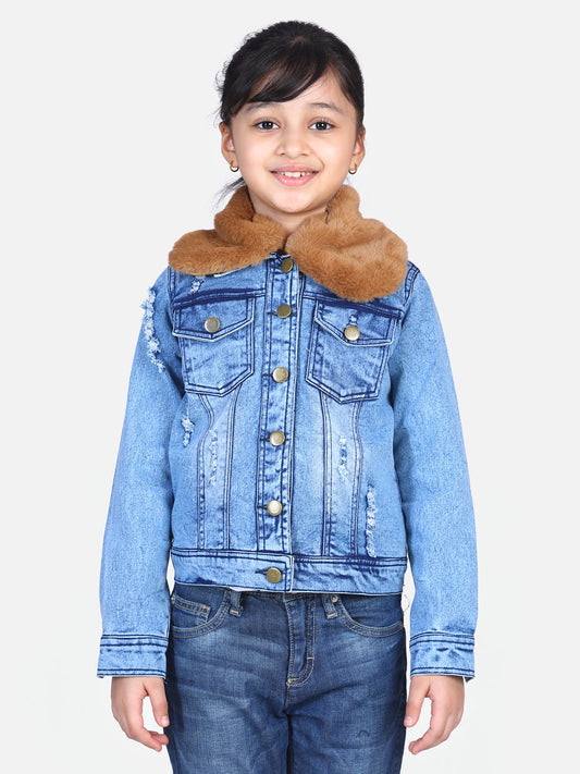 Girls Distressed Denim Jacket with Detachable Faux Fur Collar