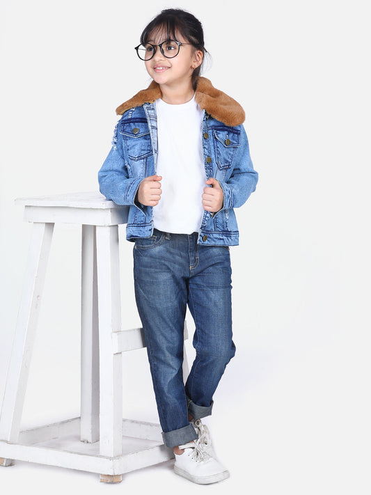 Girls Distressed Denim Jacket with Detachable Faux Fur Collar