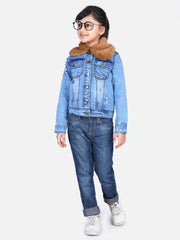 Girls Distressed Denim Jacket with Detachable Faux Fur Collar