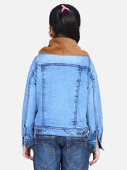 Girls Distressed Denim Jacket with Detachable Faux Fur Collar