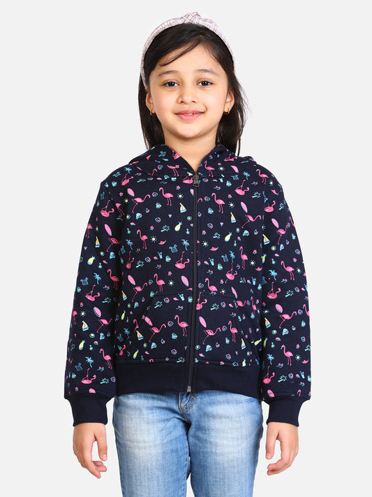 Girls Navy Flamingo Printed Jacket with Hoodie