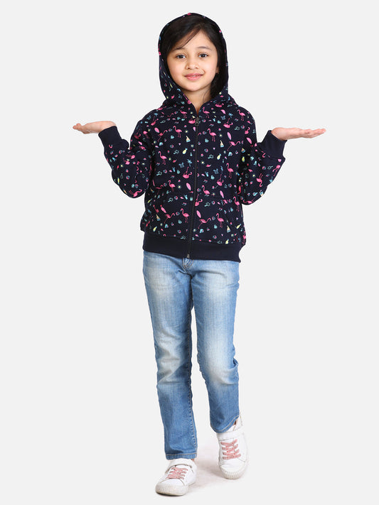 Girls Navy Flamingo Printed Jacket with Hoodie