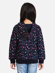 Girls Navy Flamingo Printed Jacket with Hoodie