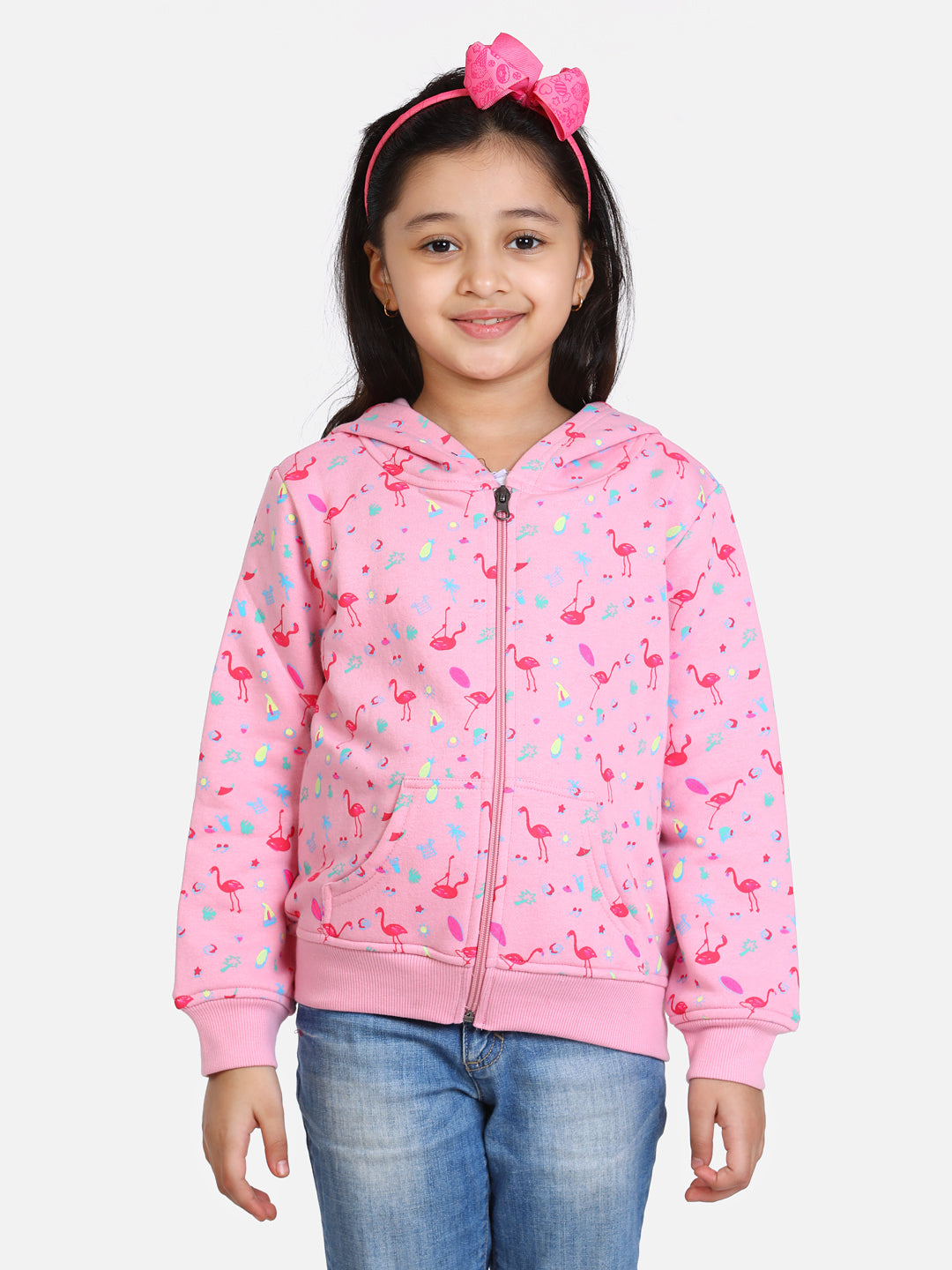 Girls Light Pink Flamingo Printed Jacket with Hoodie