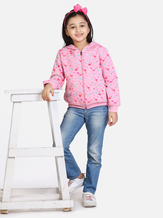 Girls Light Pink Flamingo Printed Jacket with Hoodie