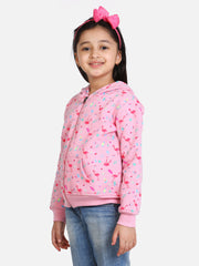 Girls Light Pink Flamingo Printed Jacket with Hoodie