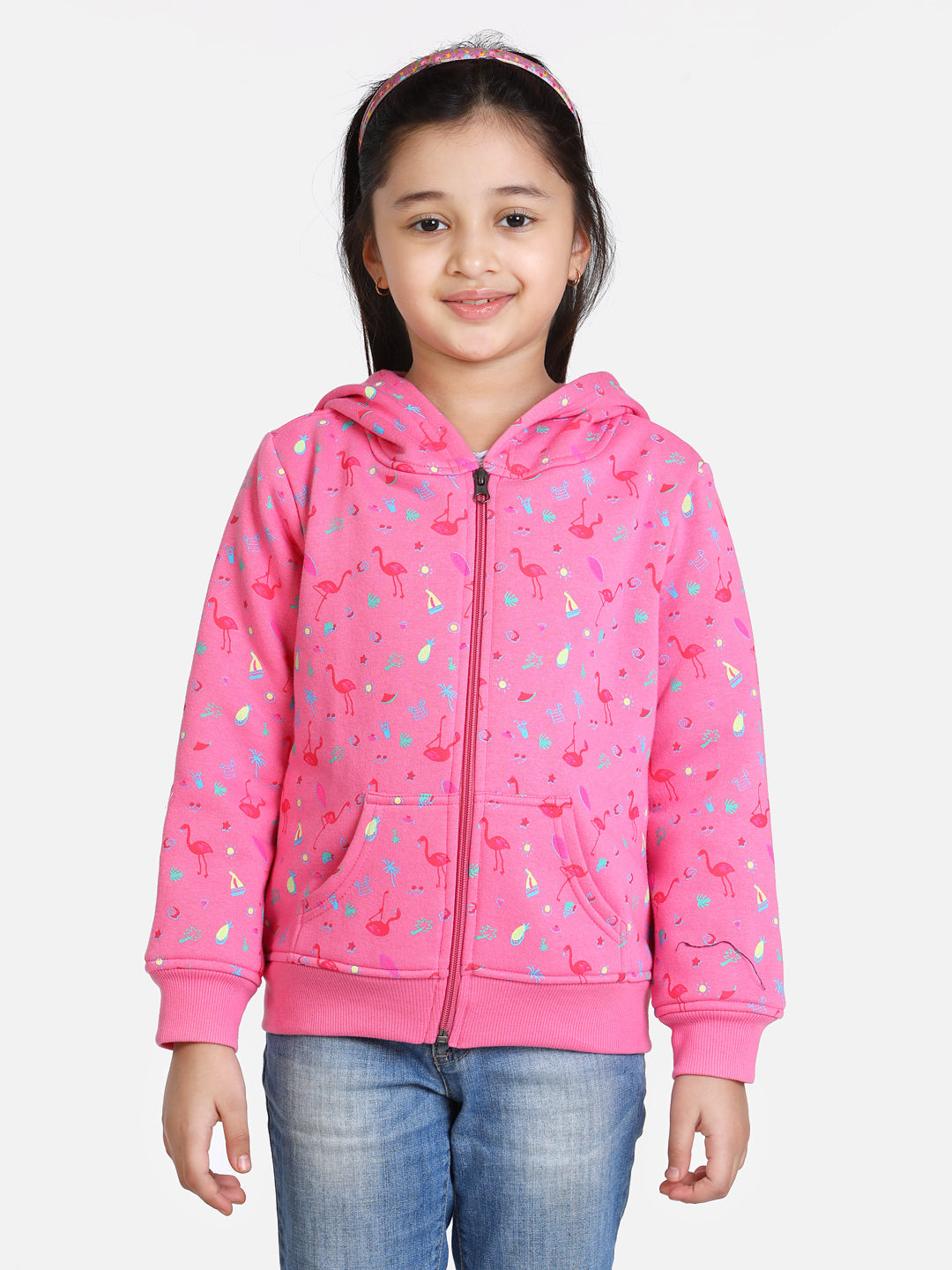 Girls Fuschia Pink Flamingo Printed Jacket with Hoodie