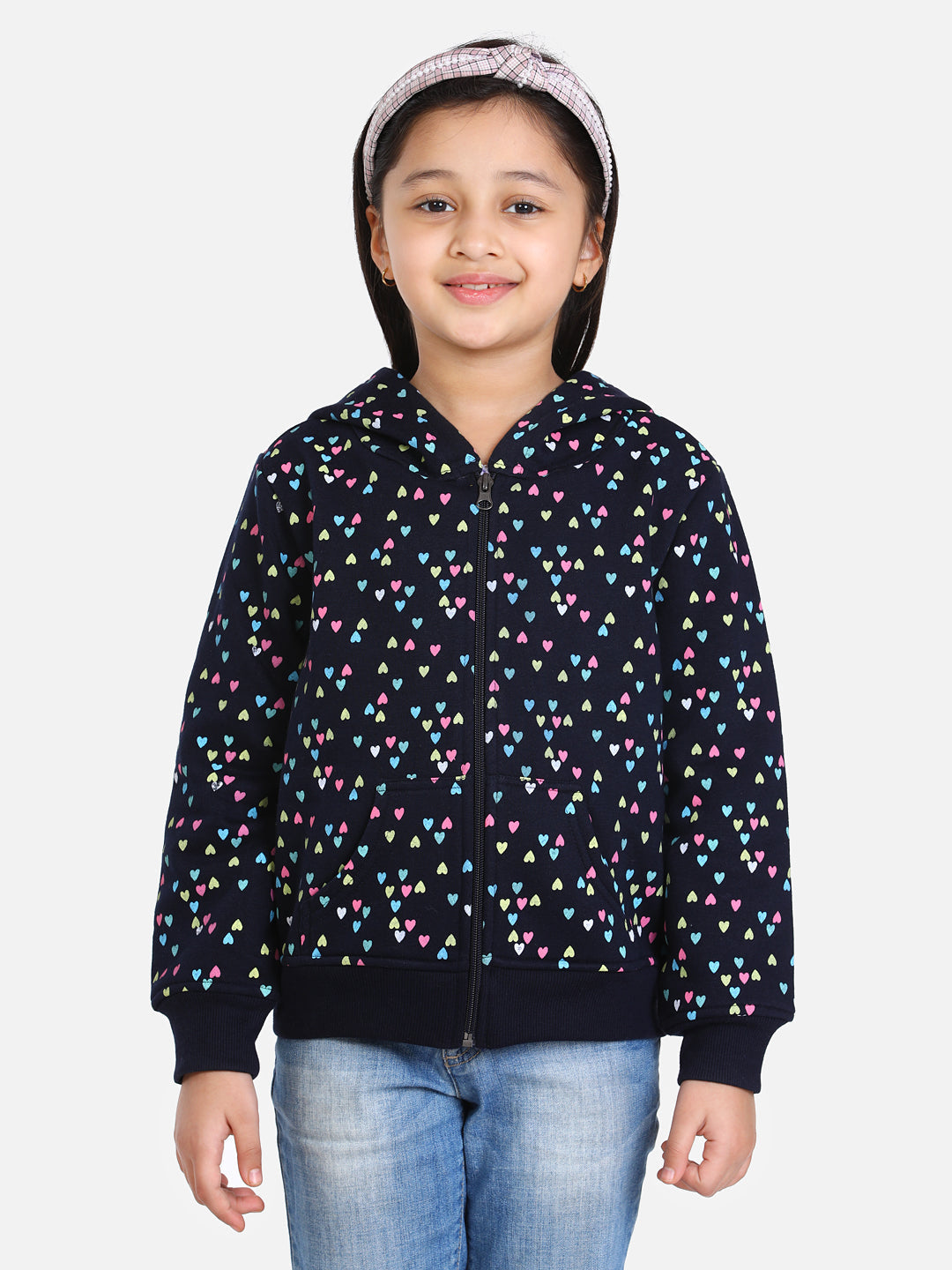 Girls Navy  Heart Printed Jacket with Hoodie