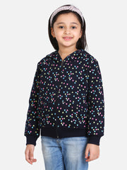 Girls Navy  Heart Printed Jacket with Hoodie