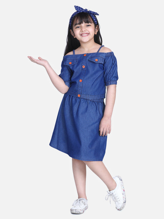 Girls Navy Blue Denim Top and Skirt Set