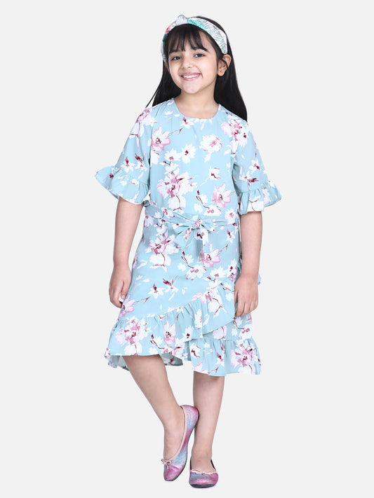 Girls Sky Blue Floral Print Bell Sleeve Dress