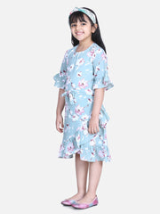 Girls Sky Blue Floral Print Bell Sleeve Dress