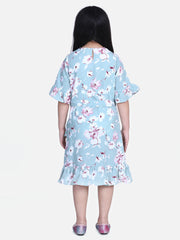 Girls Sky Blue Floral Print Bell Sleeve Dress