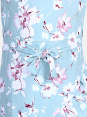 Girls Sky Blue Floral Print Bell Sleeve Dress