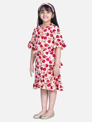 Girls Rose Print Floral Dress with Bell Sleeve