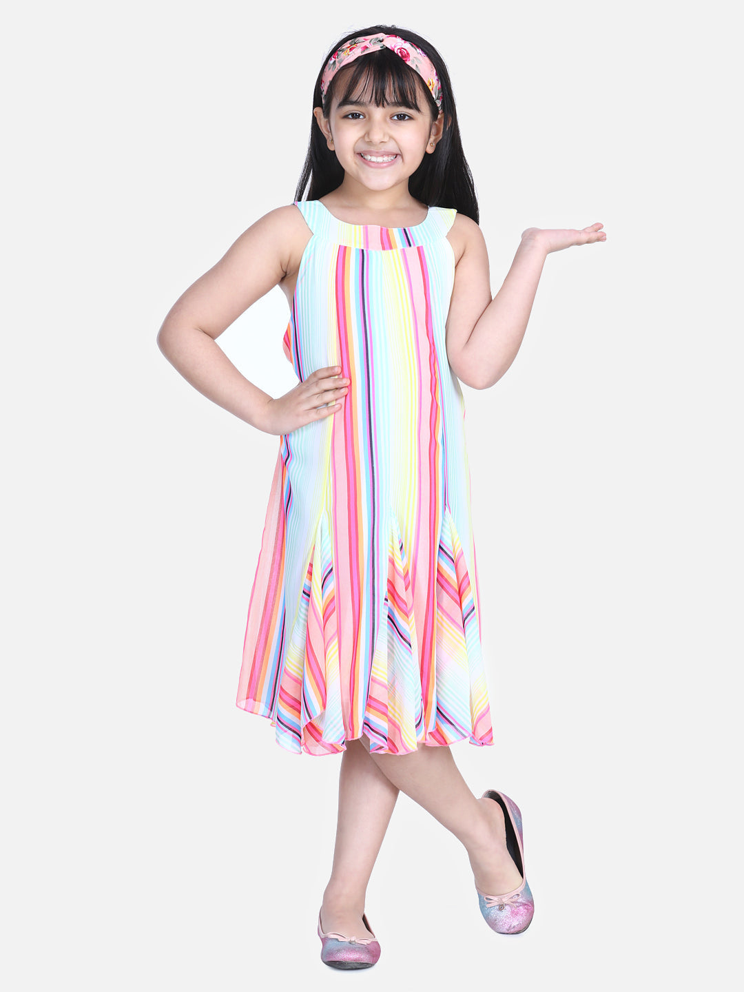 Girls Multi Colour Stripe Dress with Flap detail