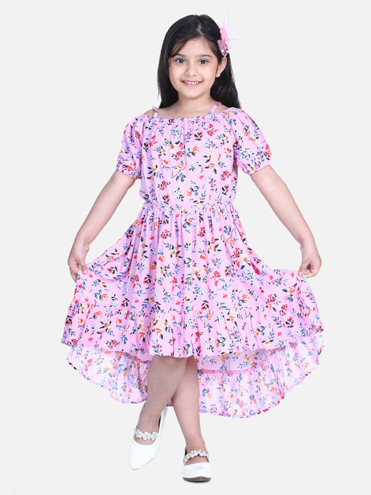 Girls Pink Floral Hi Low Dress