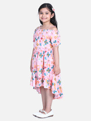 Girls Dark Pink Floral Hi Low Dress