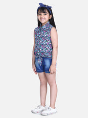 Girls Blue Printed Tie Knot Top with Denim Shorts