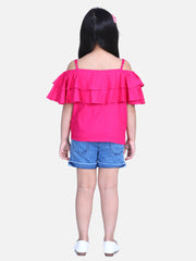 Girls Fuchsia Pink Cold Shoulder Top with Denim Shorts