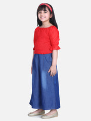 Girls Red Smocked Top with Denim Culottes