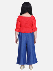 Girls Red Smocked Top with Denim Culottes