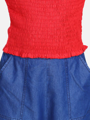 Girls Red Smocked Top with Denim Culottes