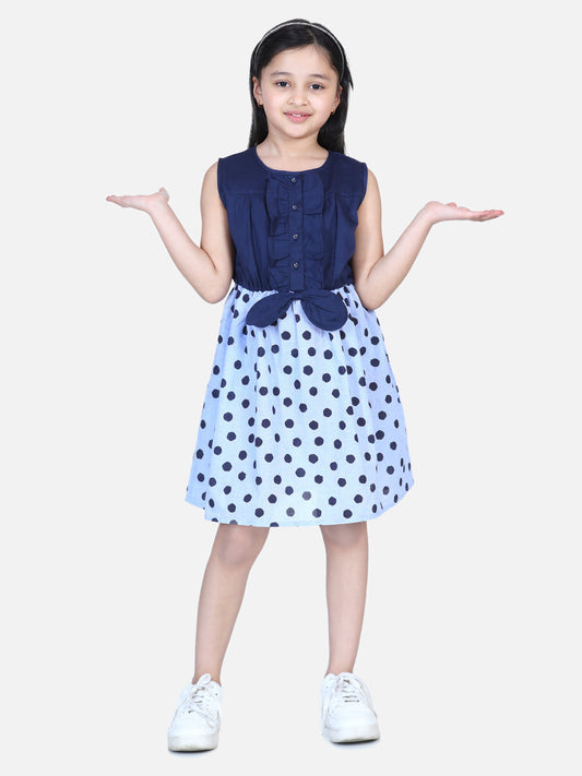 Girls Denim and Cotton Blue Polka Dress