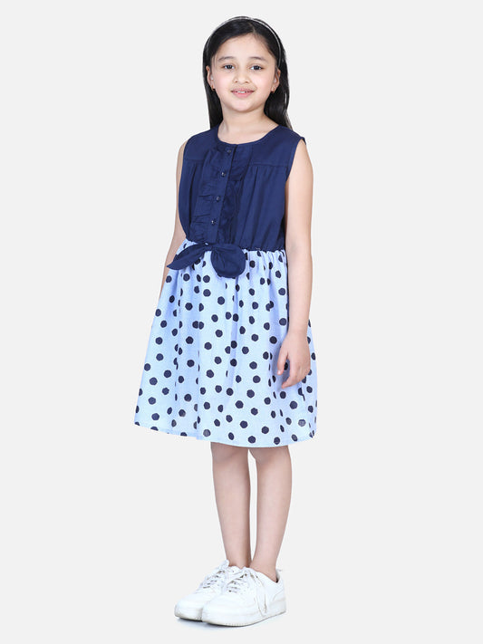 Girls Denim and Cotton Blue Polka Dress