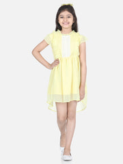 Girls Lemon Yellow Self Detail Dress with Lace Inserts