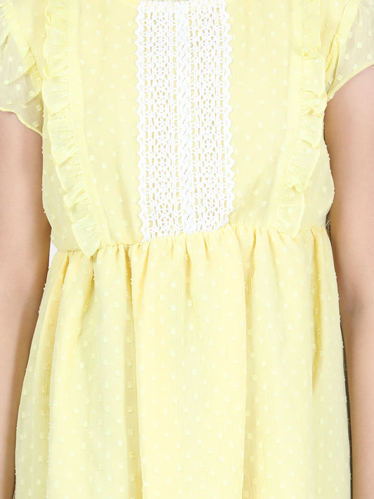 Girls Lemon Yellow Self Detail Dress with Lace Inserts