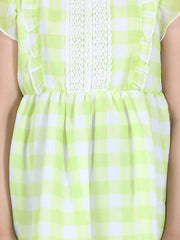 Girls Light Green Self Detail Dress with Lace Inserts