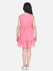 Girls Coral Pink Polyester Self Design Dress with Net and Lace Inserts